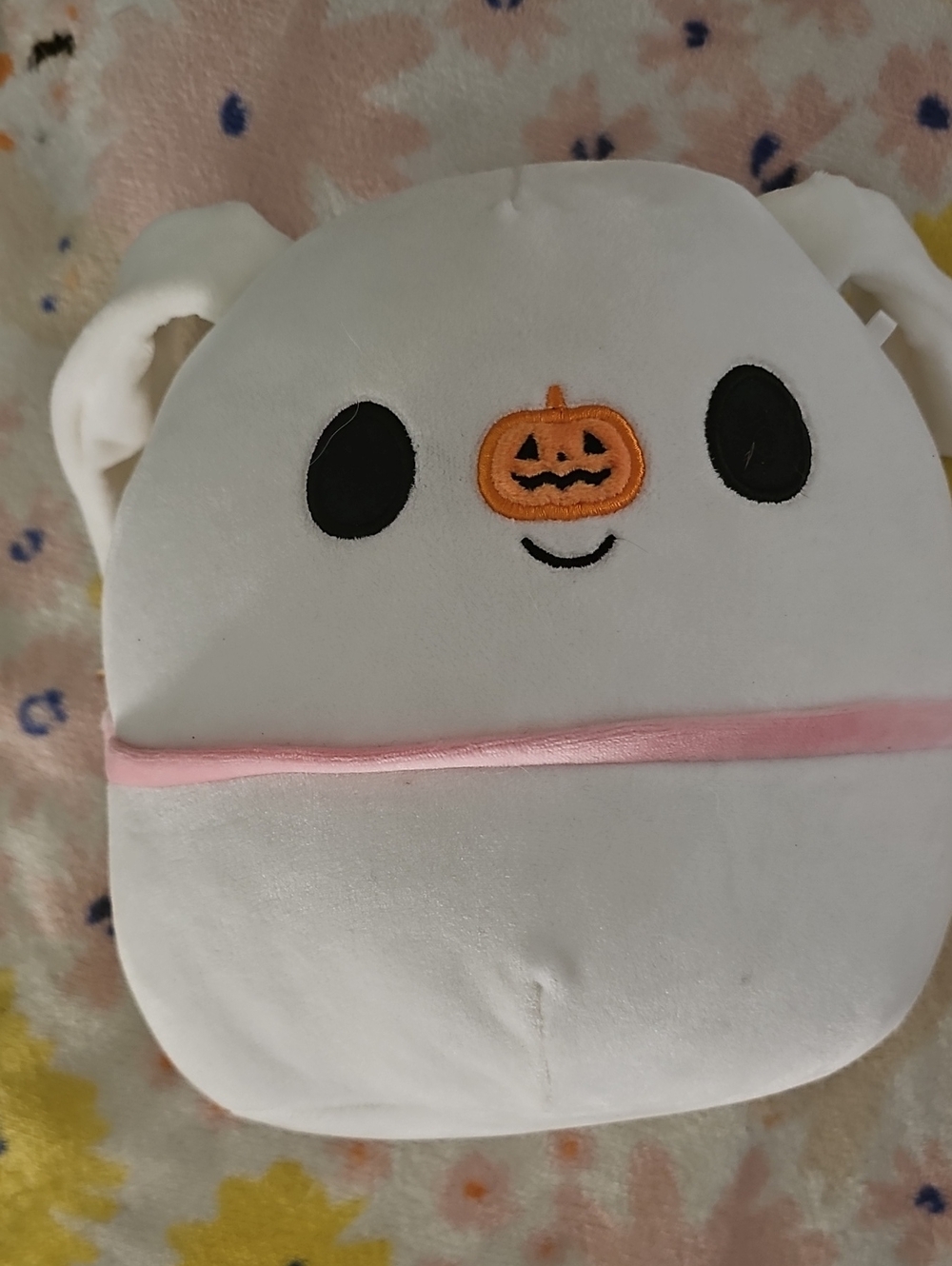 Squishmallows White Plush Ghost with Pink Trim and Orange Pumpkin Nose